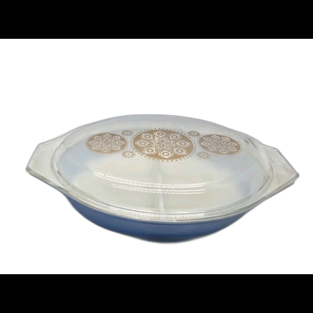 Vintage 1961 Pyrex Royal Blue 1.5 Qt Divided Promo Casserole Dish Medallion Lid